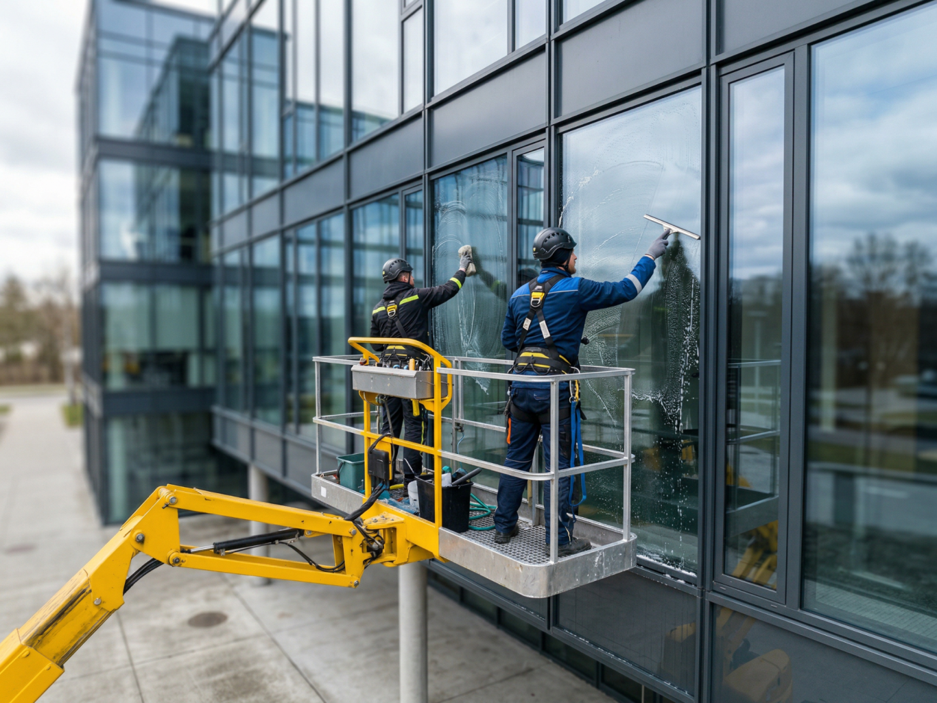 Professionelle Fensterreinigung mit Hubarbeitsbühne